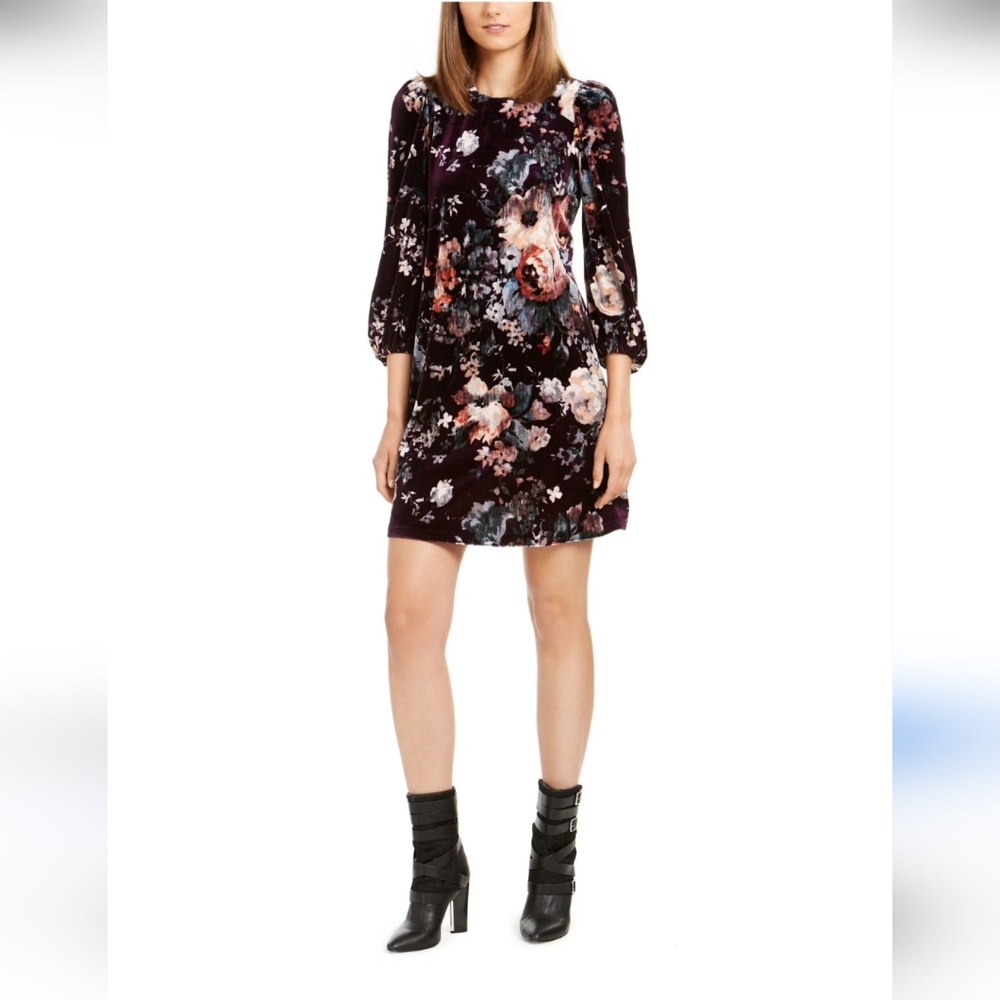 Calvin Klein Purple Velvet Floral Dress with 3/4 Sleeves – Modern and Sophistica